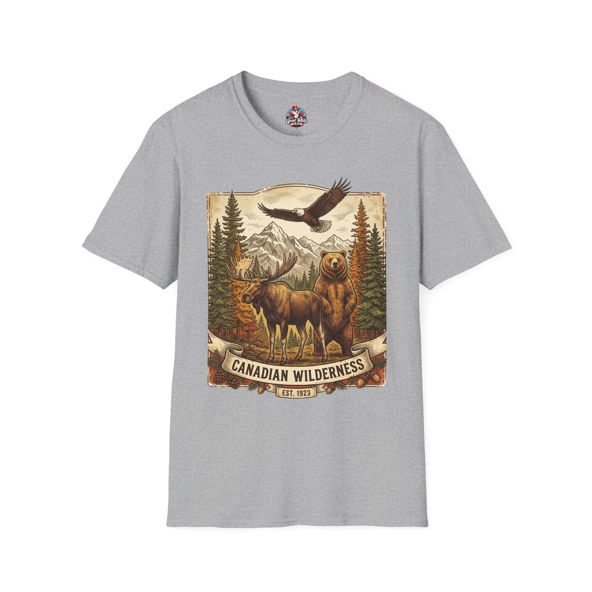 Mens T-Shirt — Canadian Wilderness Vintage Nature Graphic (Bear, Moose & Eagle)