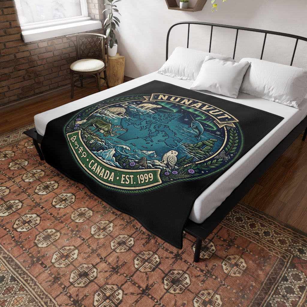Nunavut Map Plush Fleece Blanket — Arctic Wildlife and Northern Lights Cozy Throw