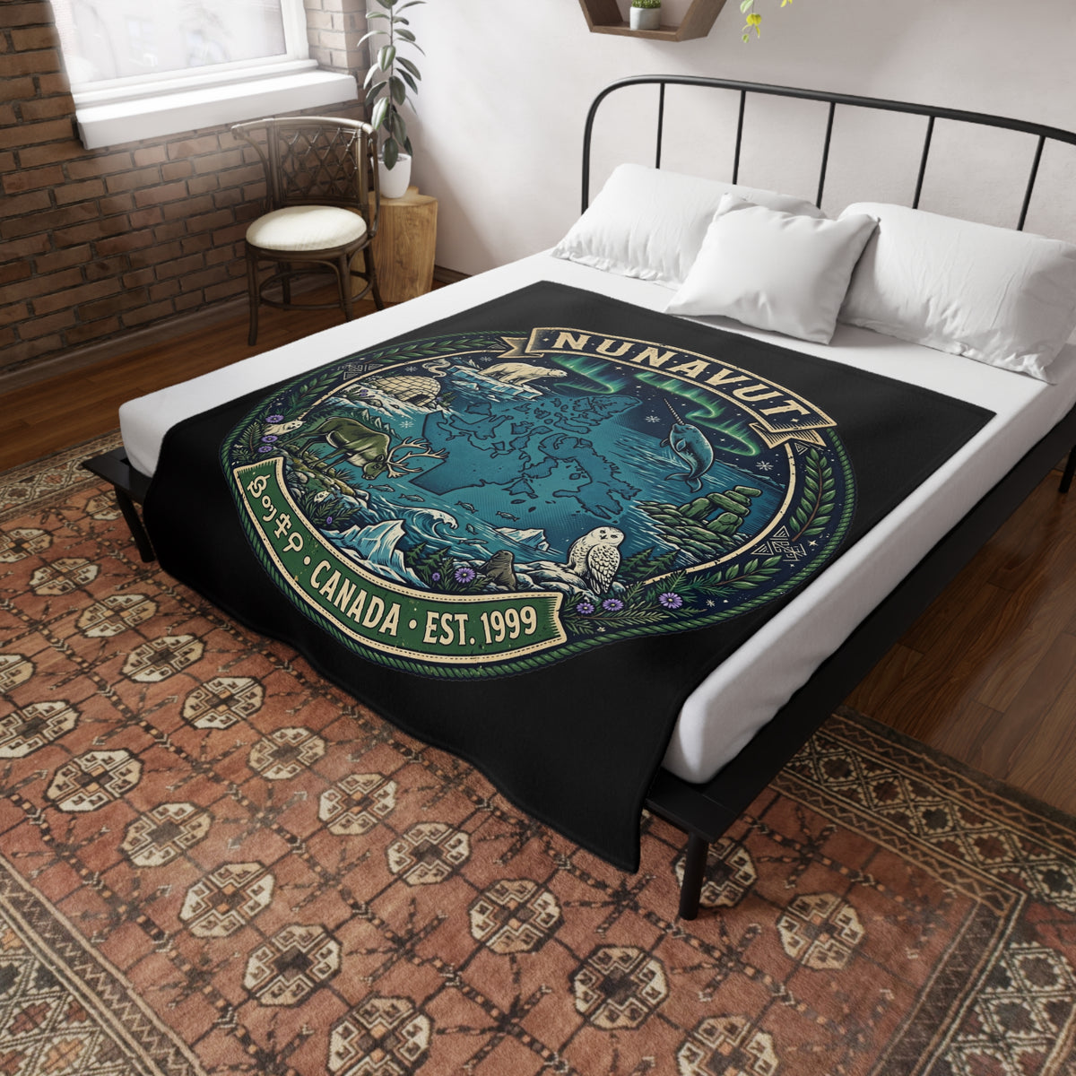 Nunavut Map Plush Fleece Blanket — Arctic Wildlife and Northern Lights Cozy Throw