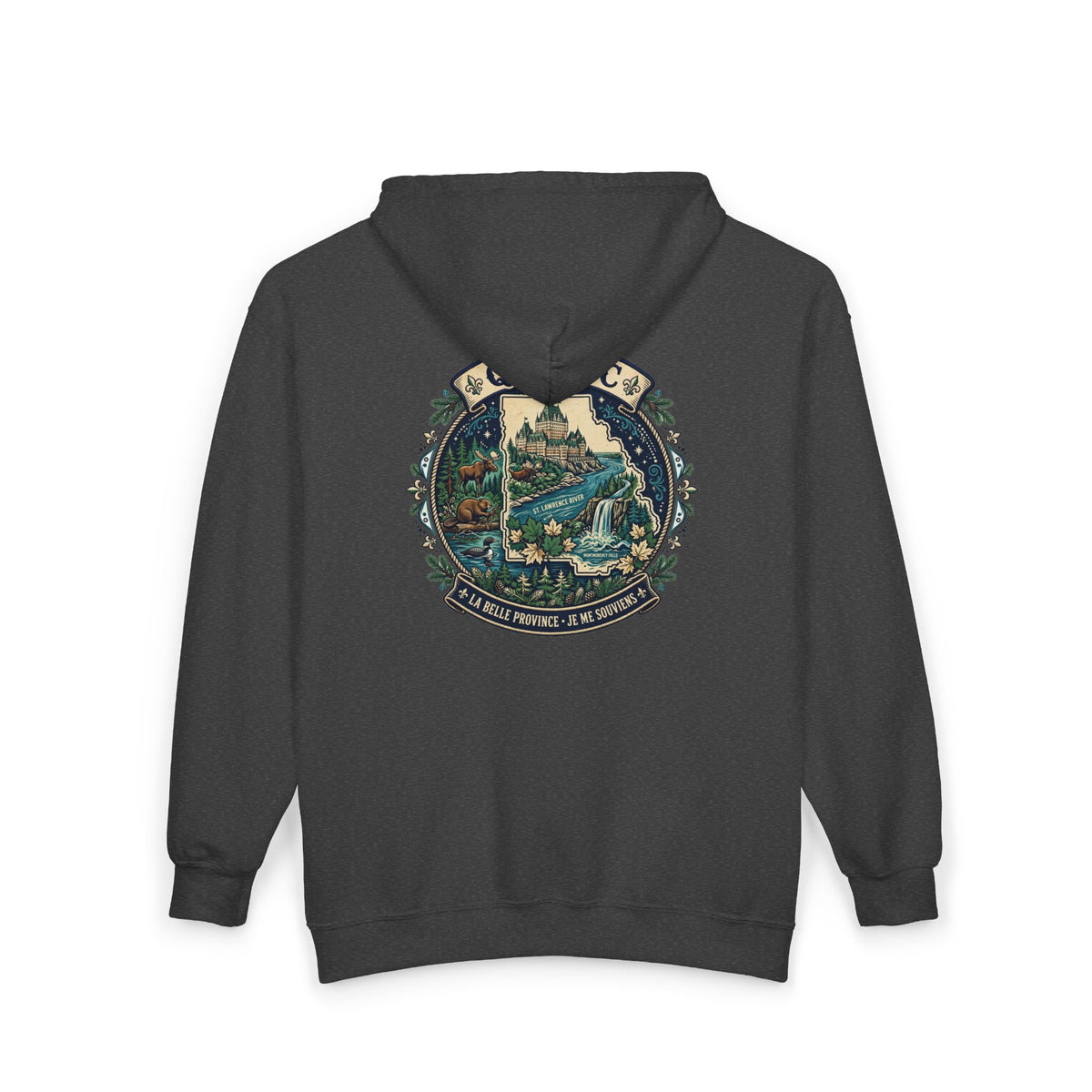 Québec Vintage Travel Hoodie — Scenic Chateau and Waterfall Souvenir Hoodie