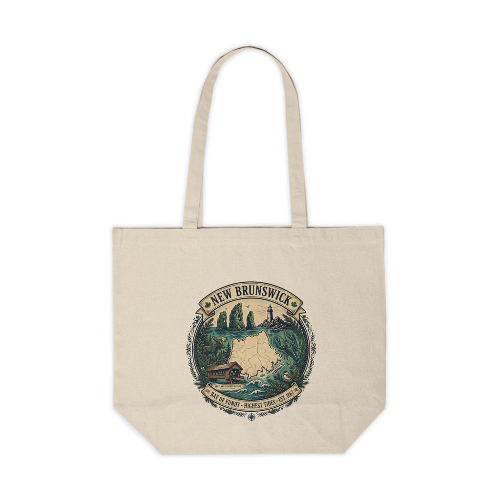 New Brunswick Scenic Canvas Tote — Mountain Lake Cabin Illustration