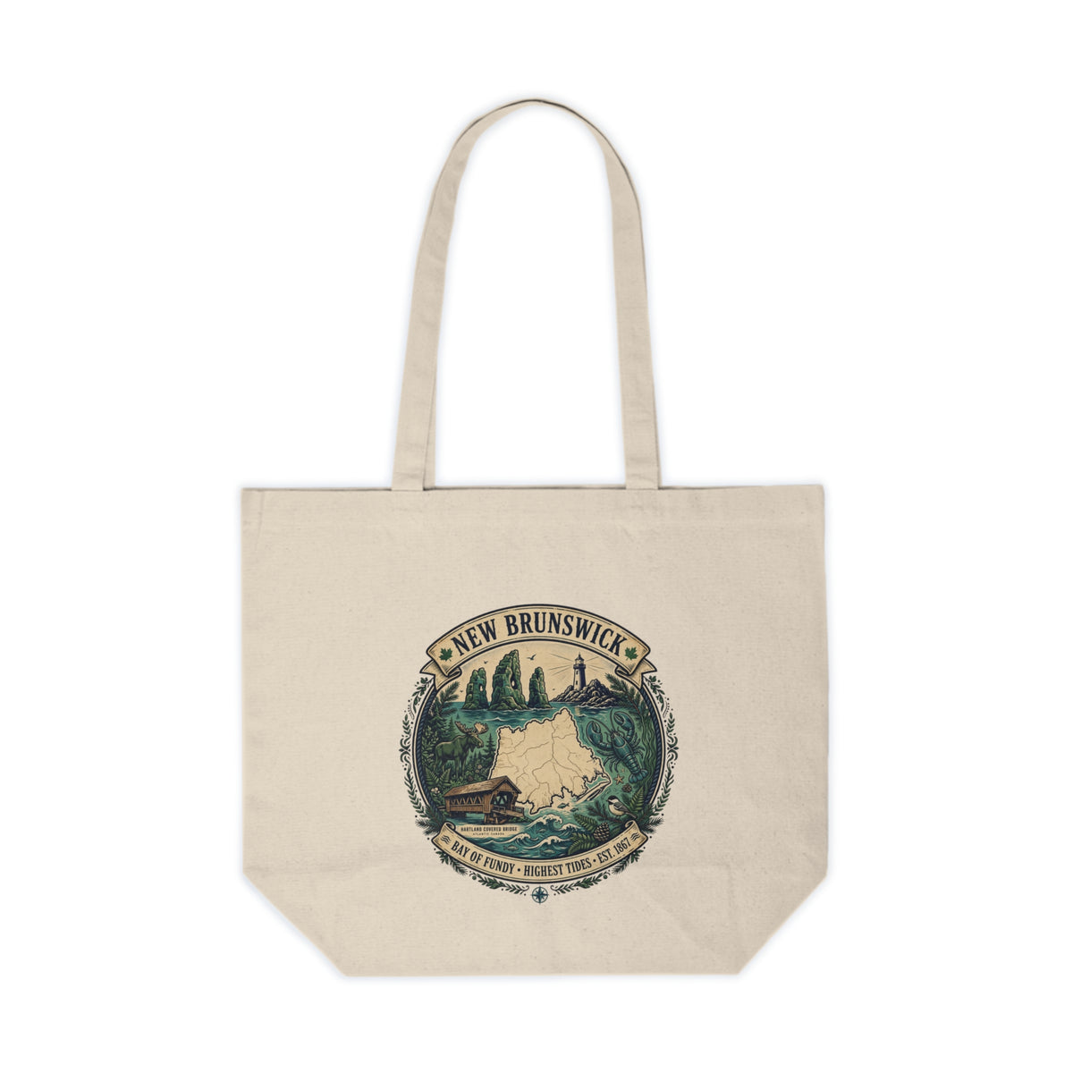 New Brunswick Scenic Canvas Tote — Mountain Lake Cabin Illustration