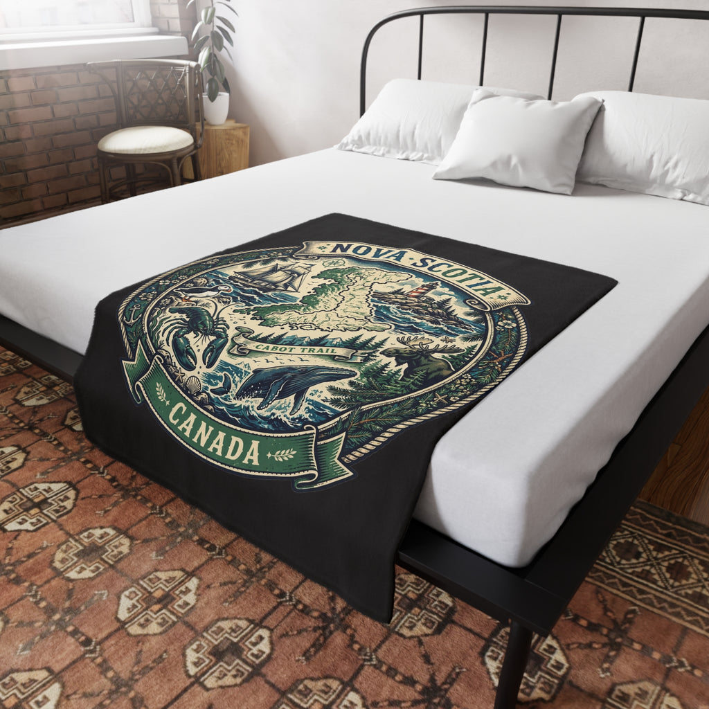 Nova Scotia Canada Plush Fleece Blanket — Coastal Map, Cabot Trail Lighthouse and Whale Design