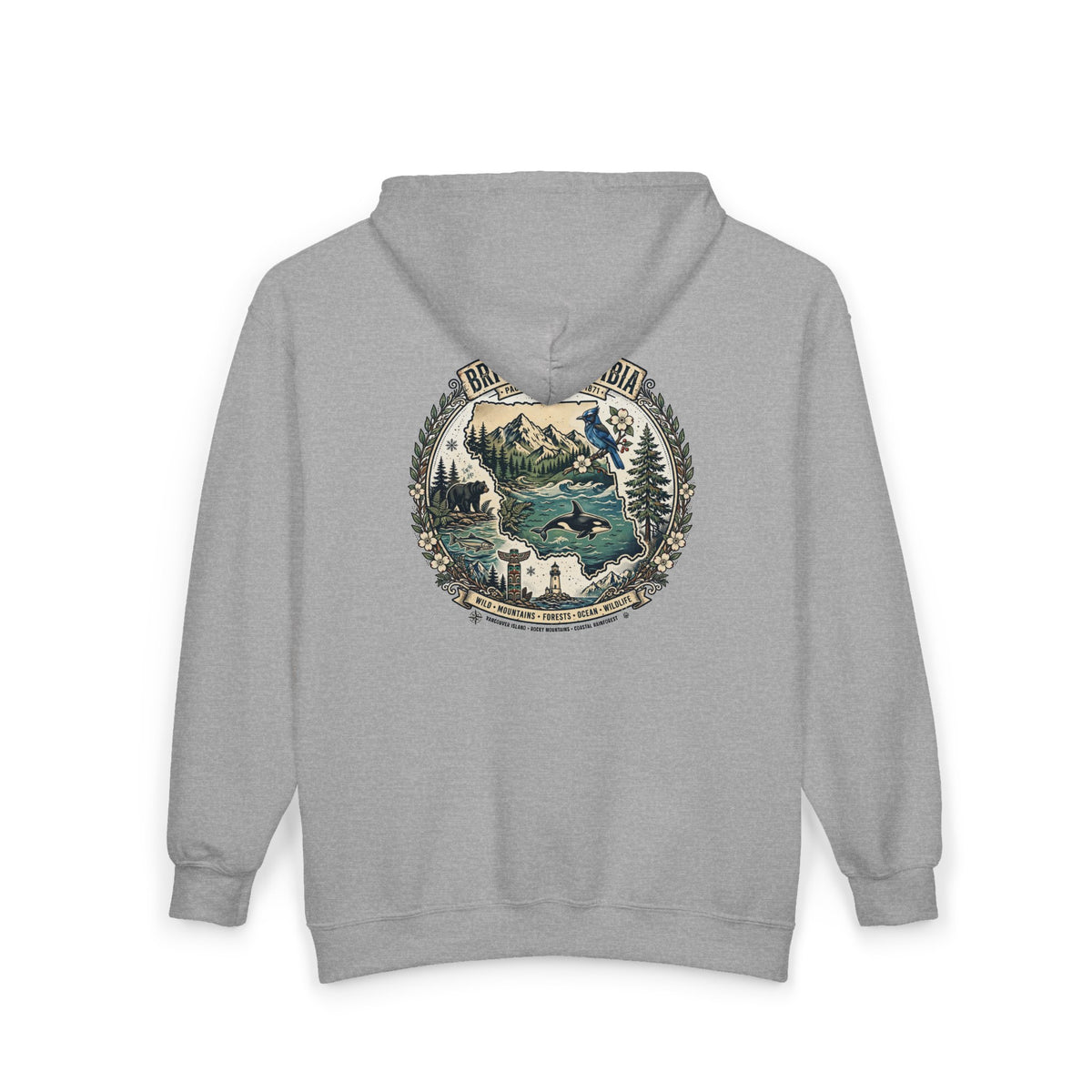 British Columbia Nature Hoodie — Scenic Mountains and Orca