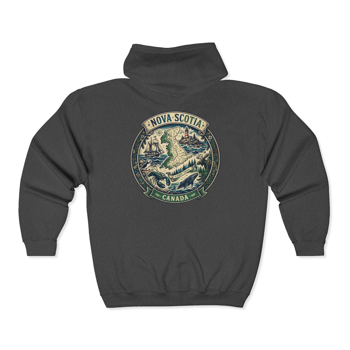 Nova Scotia Canada Vintage Map Hoodie — Coastal Lighthouse and Whale Graphic Hoodie