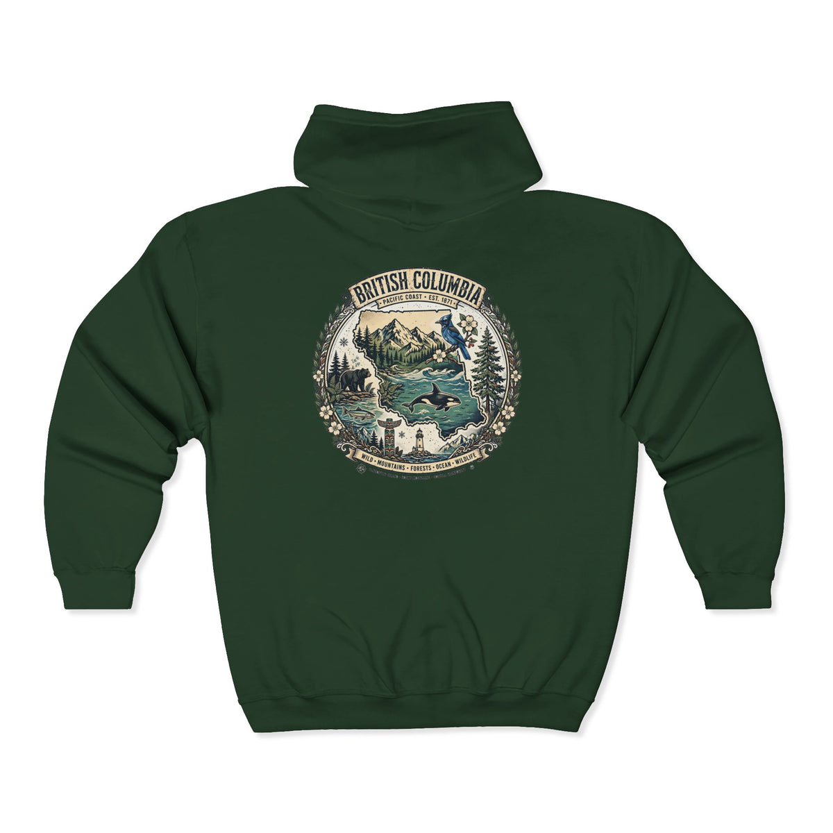 British Columbia Nature Hoodie — Scenic Mountains and Orca