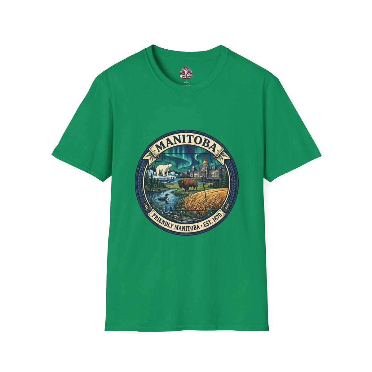 Manitoba Nature Badge T-Shirt — Northern Lights, Moose and Prairie Scenic Tee