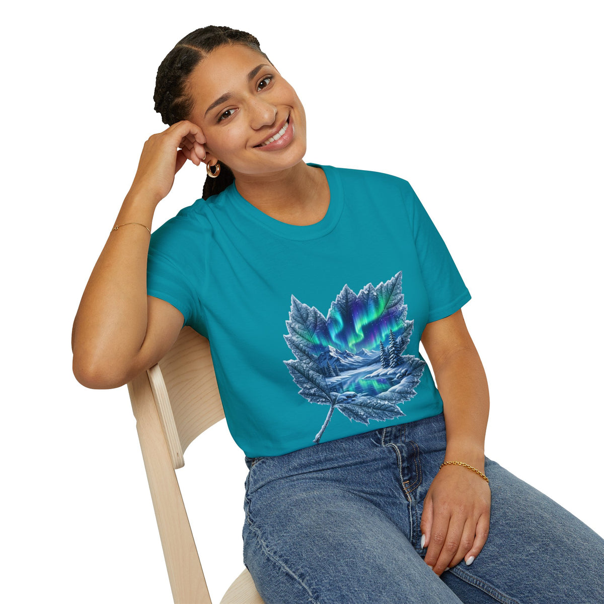Womens Aurora Maple Leaf Tee — Northern Lights Nature T-Shirt