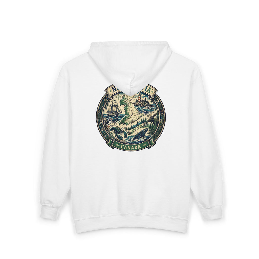 Nova Scotia Canada Vintage Map Hoodie — Coastal Lighthouse and Whale Graphic Hoodie