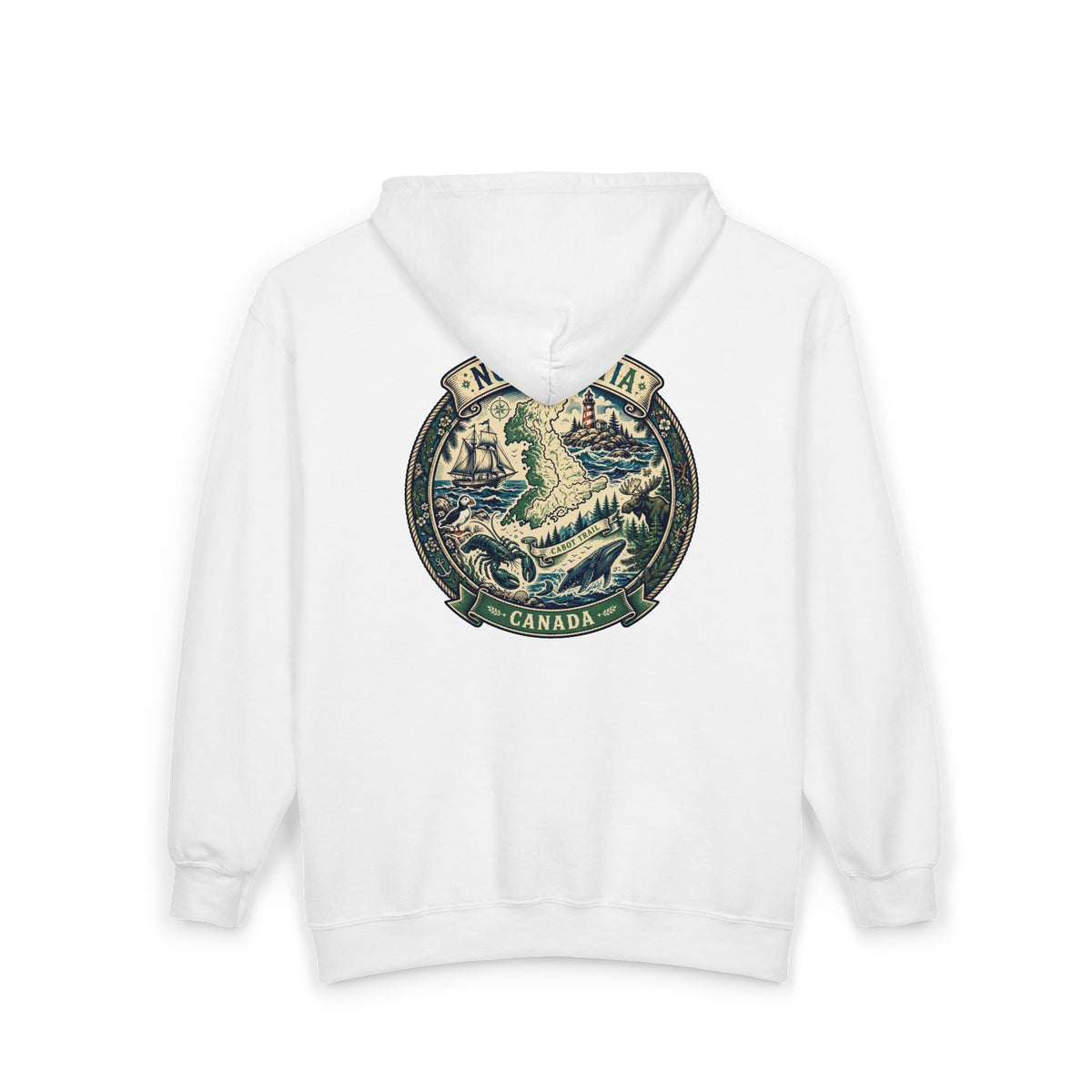 Nova Scotia Canada Vintage Map Hoodie — Coastal Lighthouse and Whale Graphic Hoodie