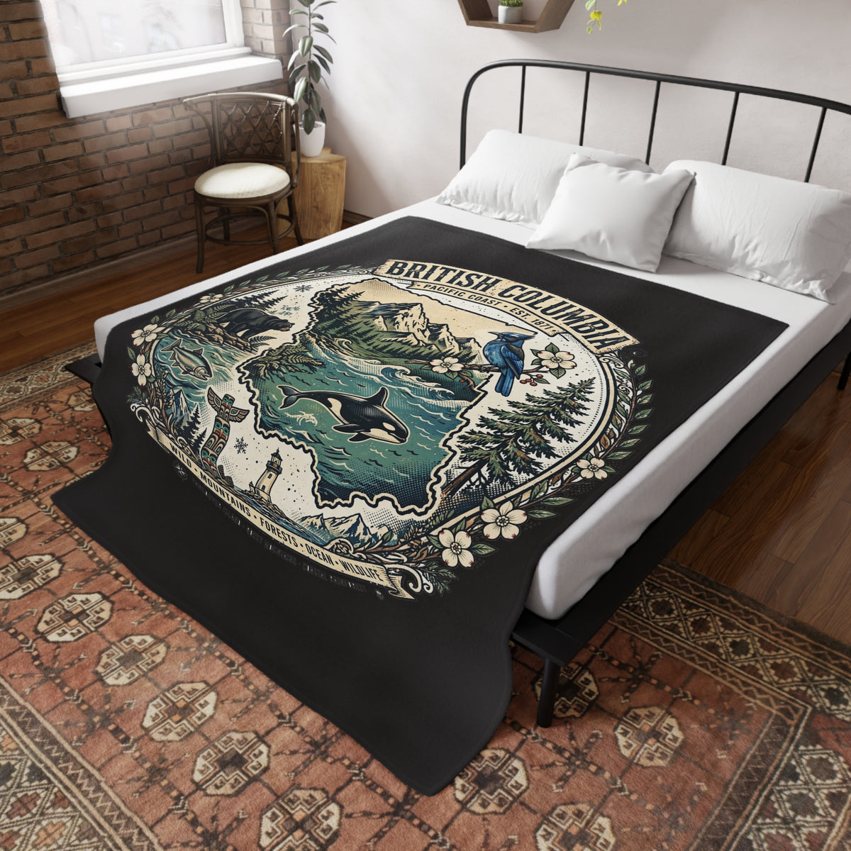 British Columbia Plush Fleece Blanket — Pacific Coast Wildlife and Mountains Throw
