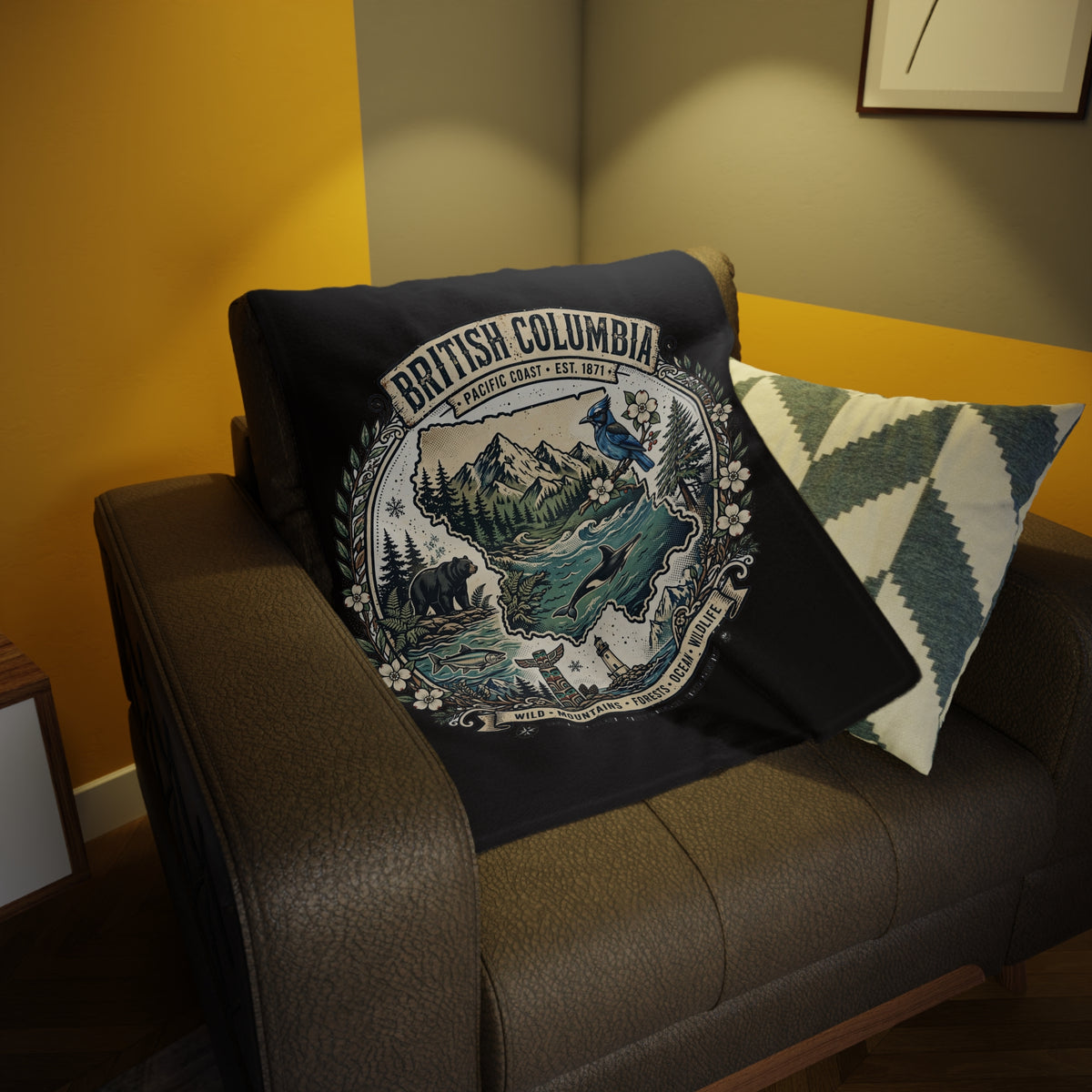 British Columbia Plush Fleece Blanket — Pacific Coast Wildlife and Mountains Throw