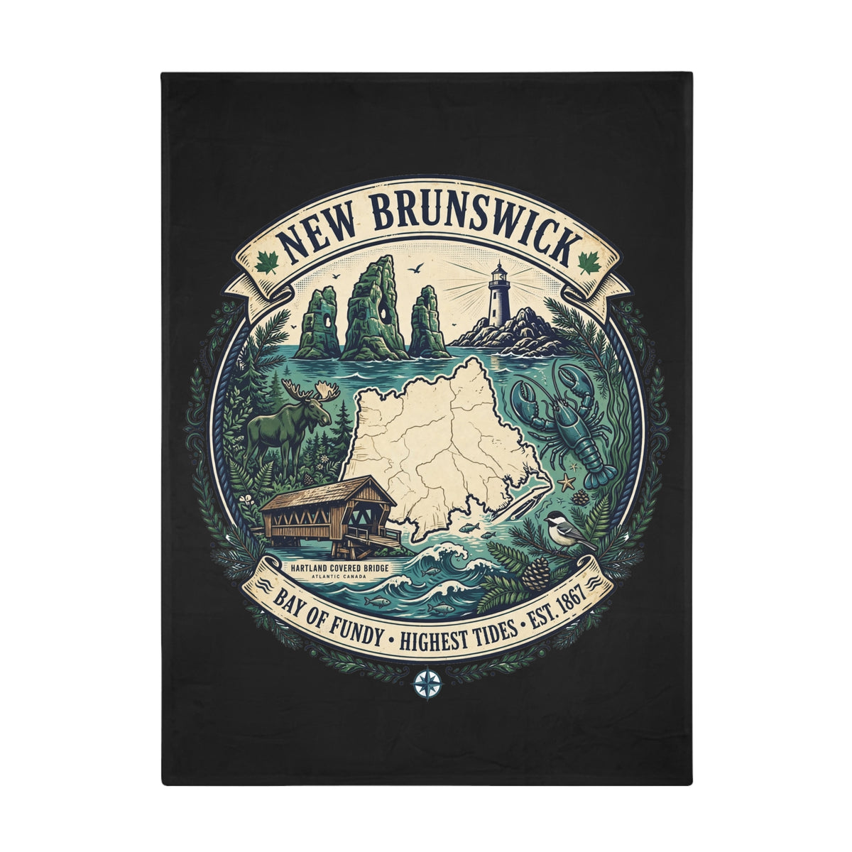 New Brunswick Map Plush Fleece Blanket — Bay of Fundy Lighthouse and Tidal Coast Throw
