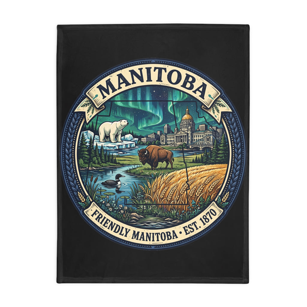 Manitoba Scenic Plush Fleece Blanket — Friendly Manitoba Est. 1870 Design