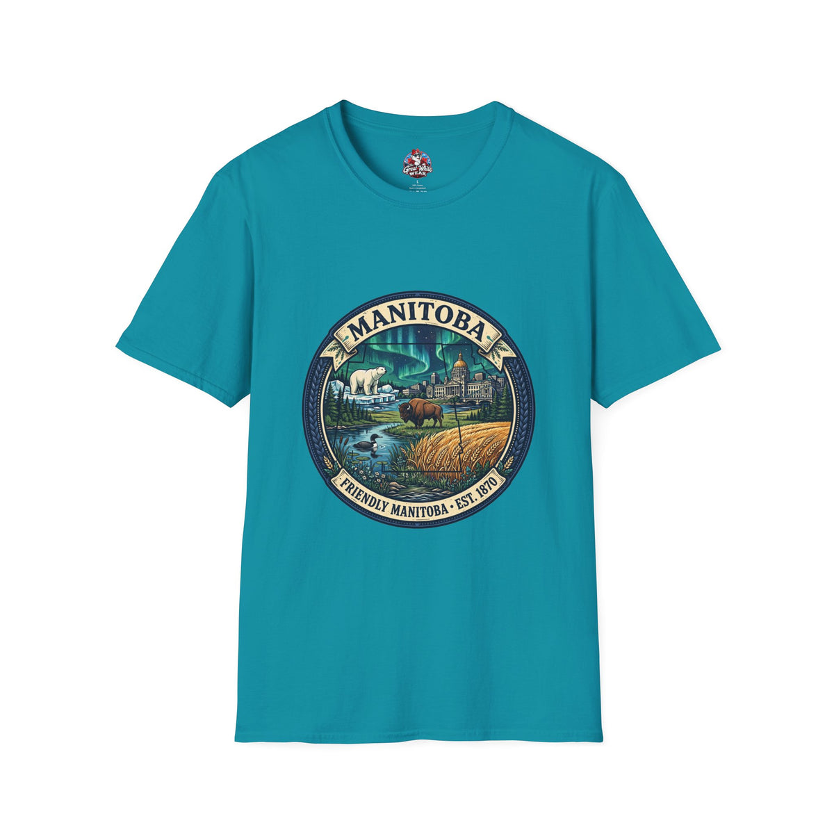 Manitoba Nature Badge T-Shirt — Northern Lights, Moose and Prairie Scenic Tee