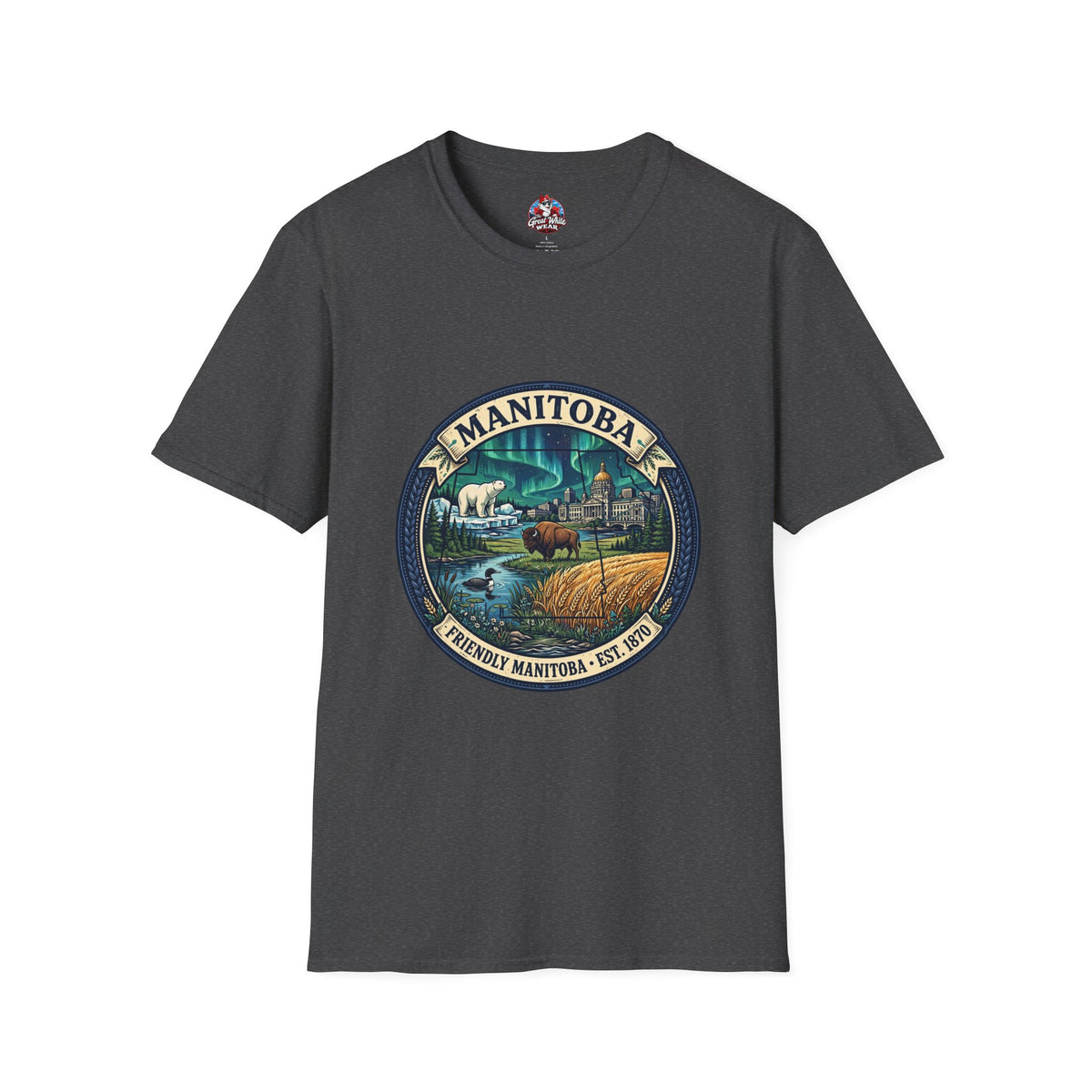 Manitoba Nature Badge T-Shirt — Northern Lights, Moose and Prairie Scenic Tee
