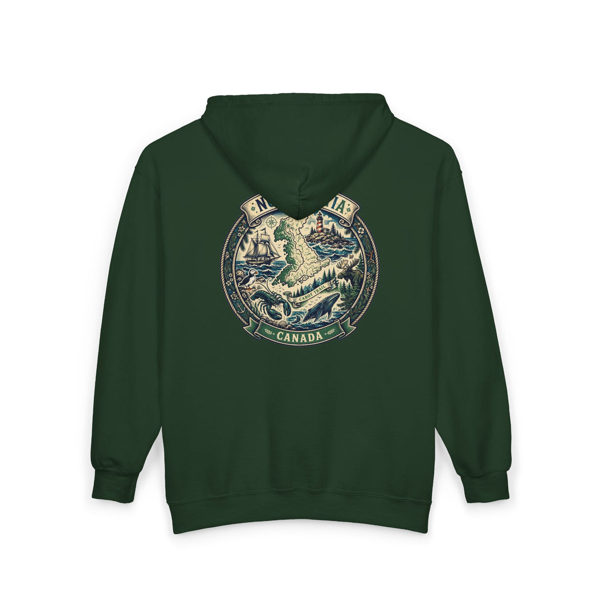 Nova Scotia Canada Vintage Map Hoodie — Coastal Lighthouse and Whale Graphic Hoodie