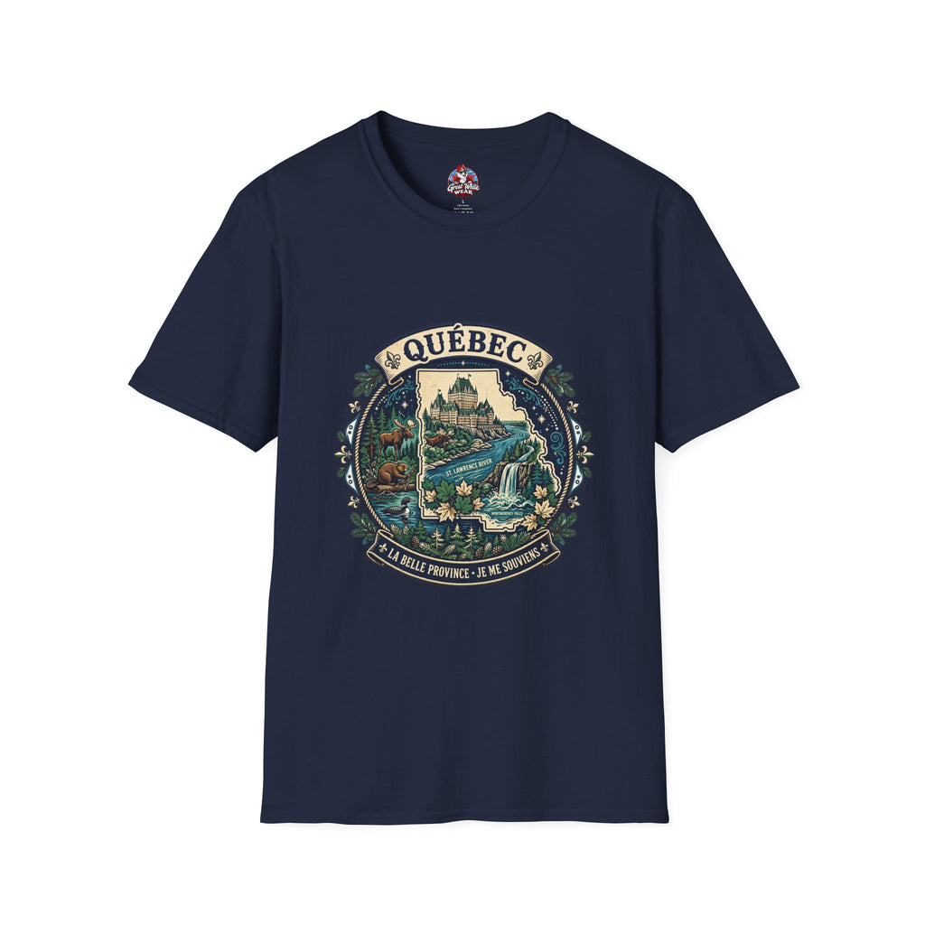 Québec Vintage Travel T-Shirt — Scenic Chateau and Waterfall Souvenir Tee