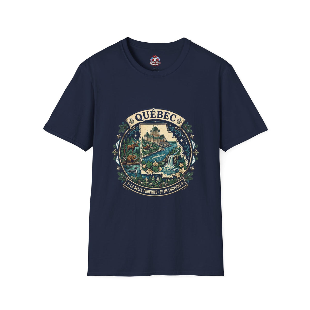 Québec Vintage Travel T-Shirt — Scenic Chateau and Waterfall Souvenir Tee