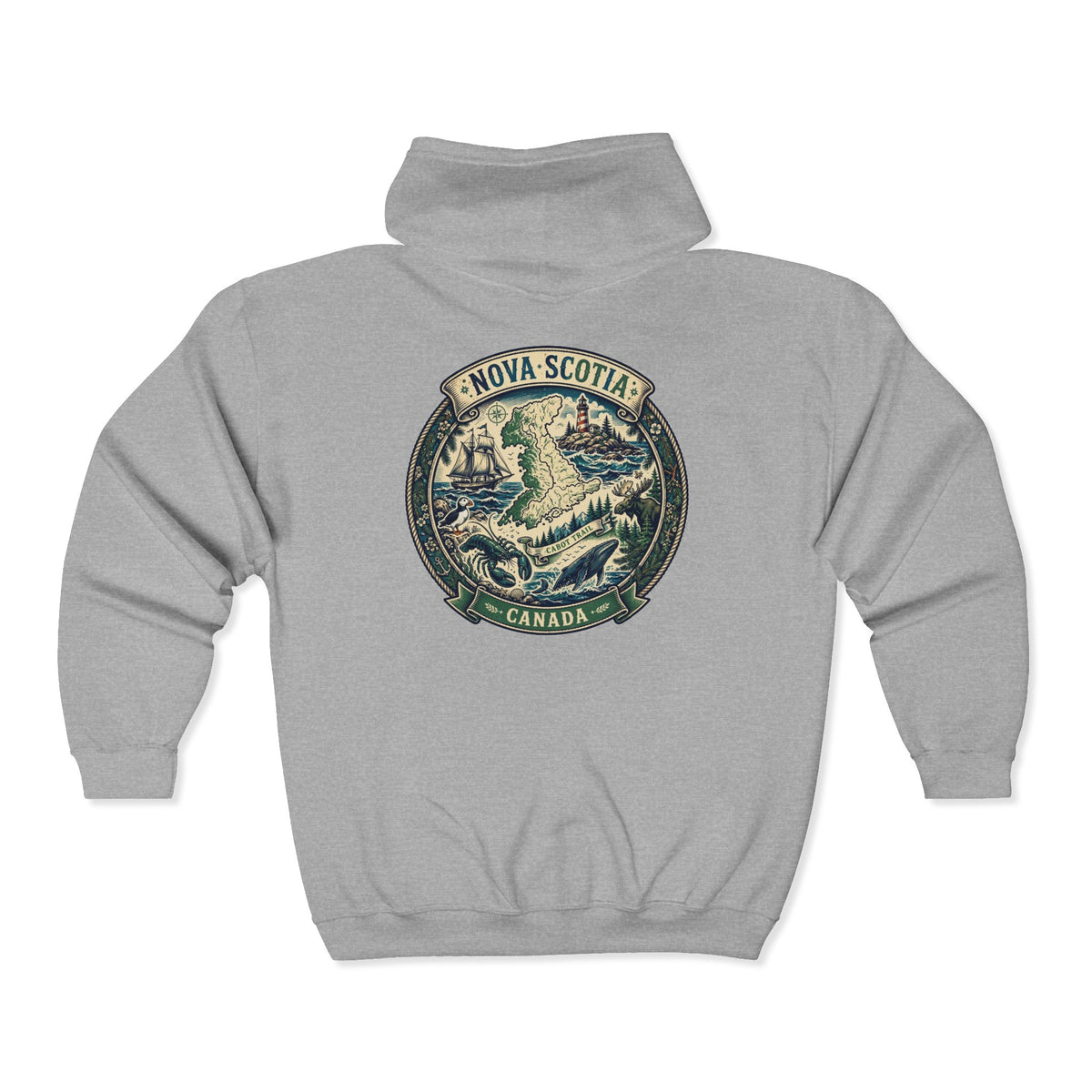 Nova Scotia Canada Vintage Map Hoodie — Coastal Lighthouse and Whale Graphic Hoodie