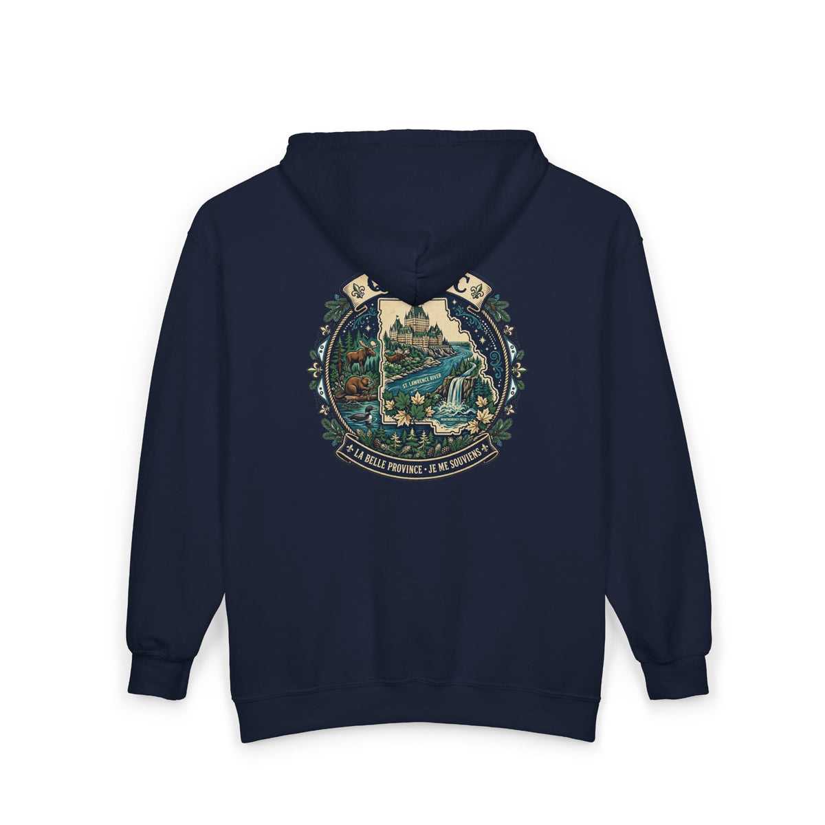 Québec Vintage Travel Hoodie — Scenic Chateau and Waterfall Souvenir Hoodie