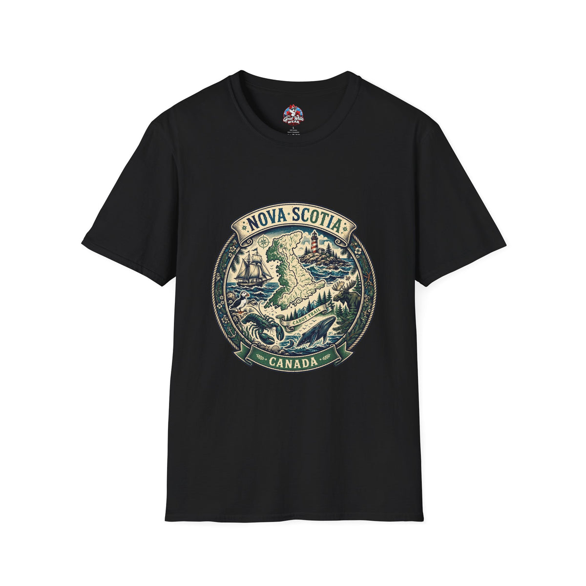 Nova Scotia Canada Vintage Map T-Shirt — Coastal Lighthouse and Whale Graphic Tee