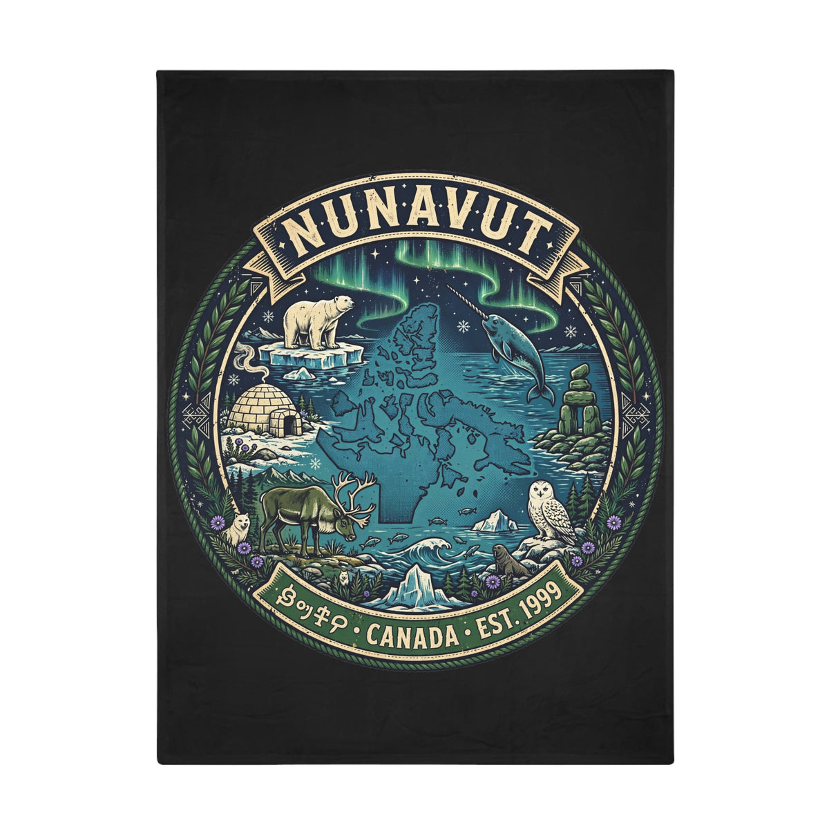Nunavut Map Plush Fleece Blanket — Arctic Wildlife and Northern Lights Cozy Throw