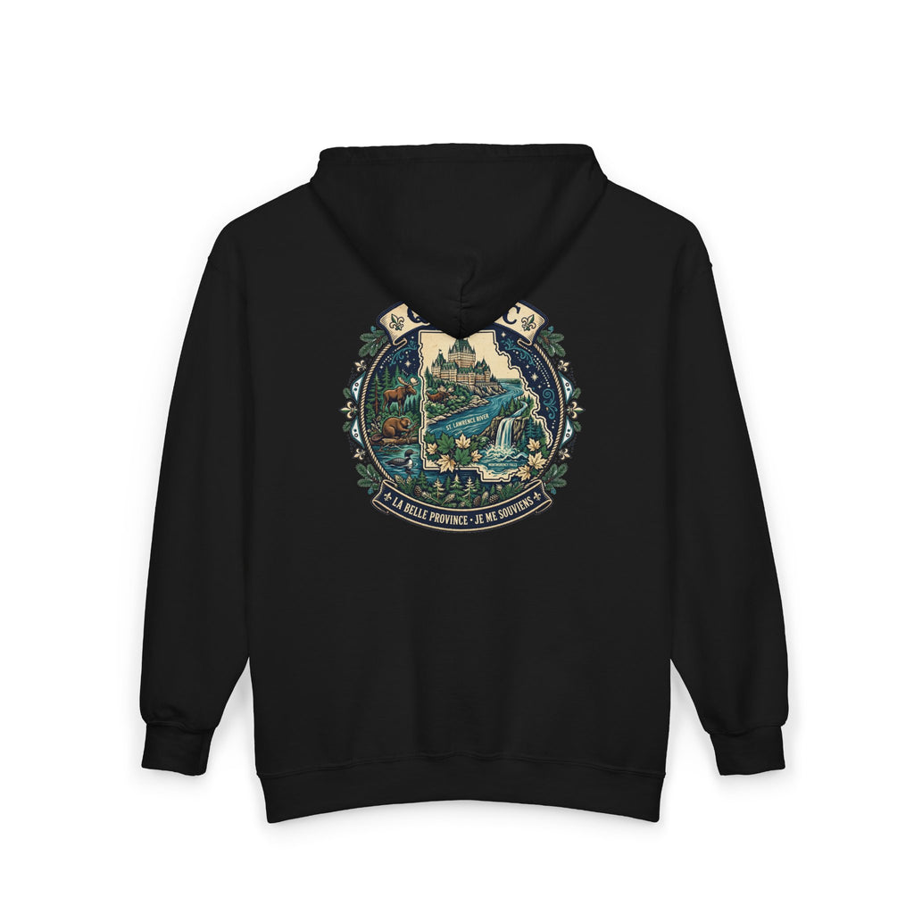 Québec Vintage Travel Hoodie — Scenic Chateau and Waterfall Souvenir Hoodie