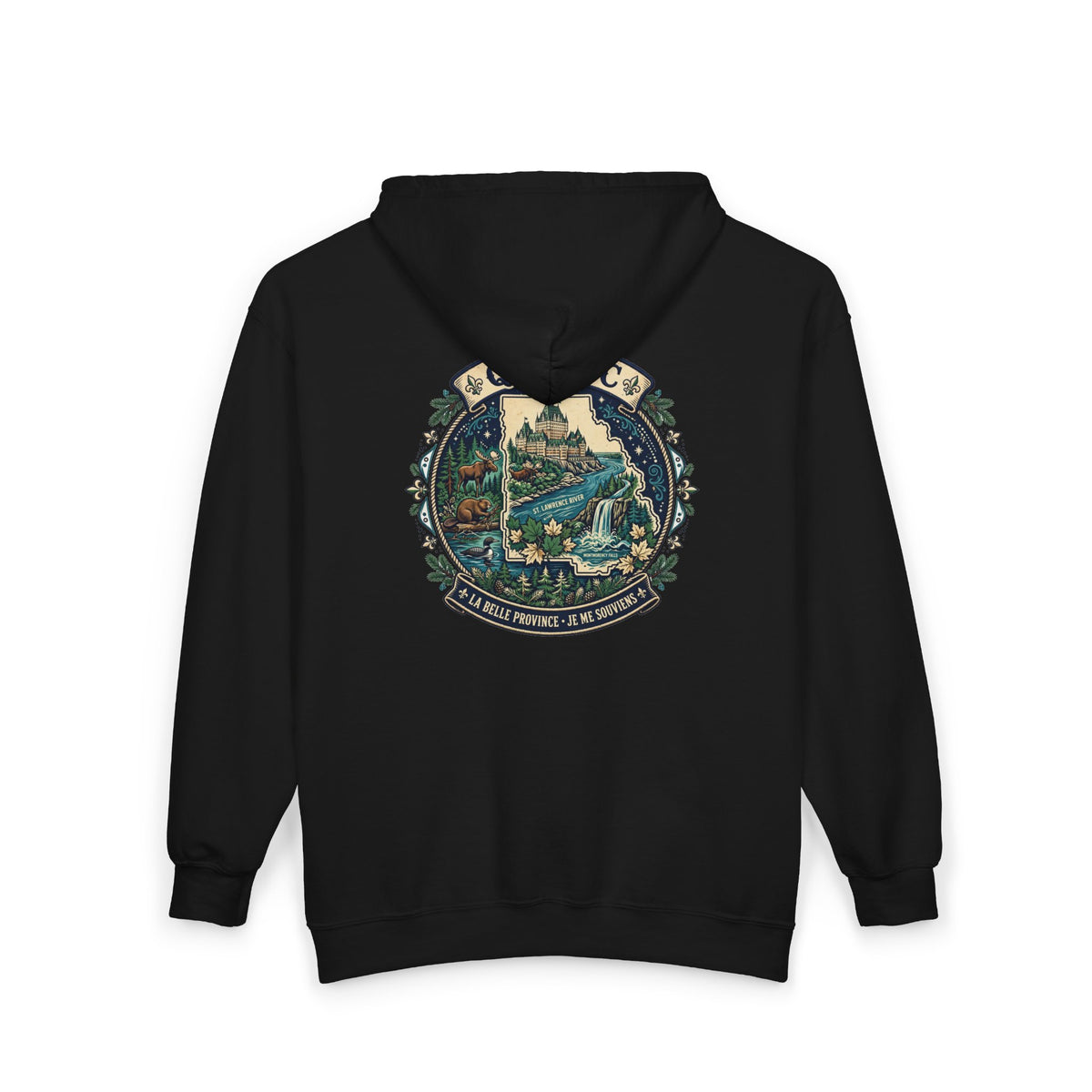 Québec Vintage Travel Hoodie — Scenic Chateau and Waterfall Souvenir Hoodie