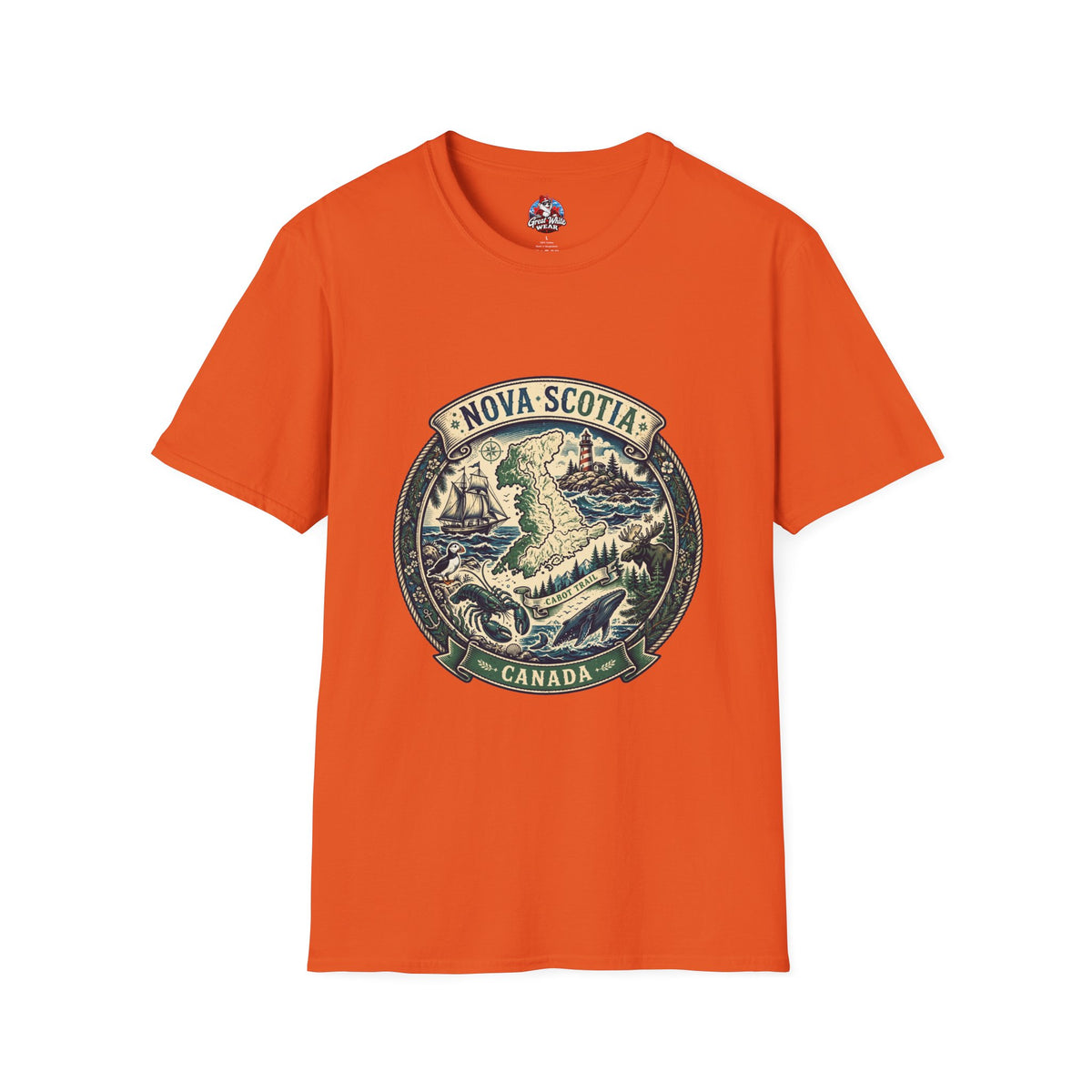 Nova Scotia Canada Vintage Map T-Shirt — Coastal Lighthouse and Whale Graphic Tee