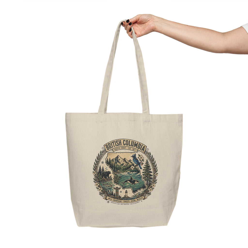 British Columbia Vintage Travel Canvas Tote — Scenic Mountain and Lake Eco-Friendly Shopper
