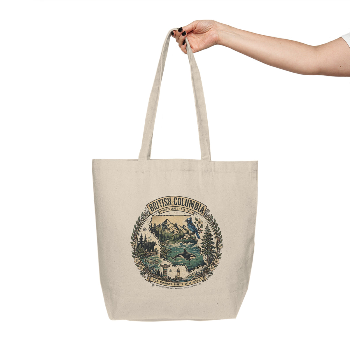 British Columbia Vintage Travel Canvas Tote — Scenic Mountain and Lake Eco-Friendly Shopper
