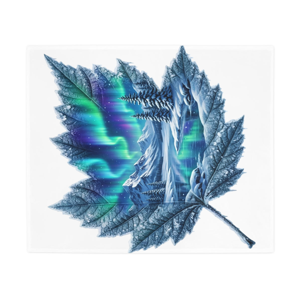 Aurora Maple Leaf Plush Fleece Blanket — Northern Lights Winter Landscape