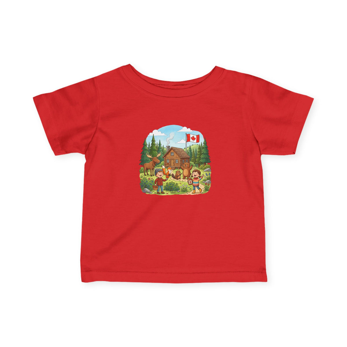 Infant Tee — Cozy Canadian Cabin Scene with Maple Flag