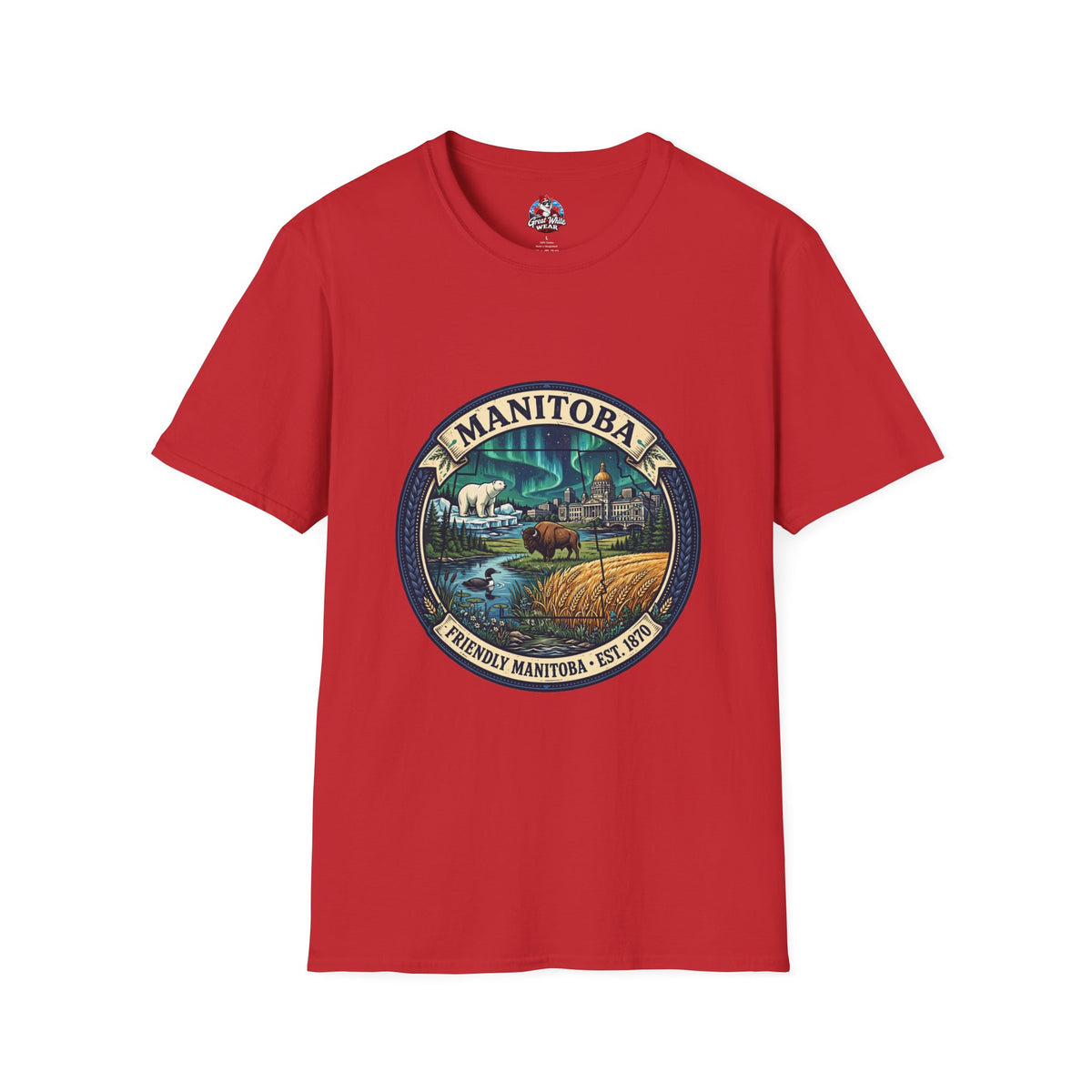 Manitoba Nature Badge T-Shirt — Northern Lights, Moose and Prairie Scenic Tee
