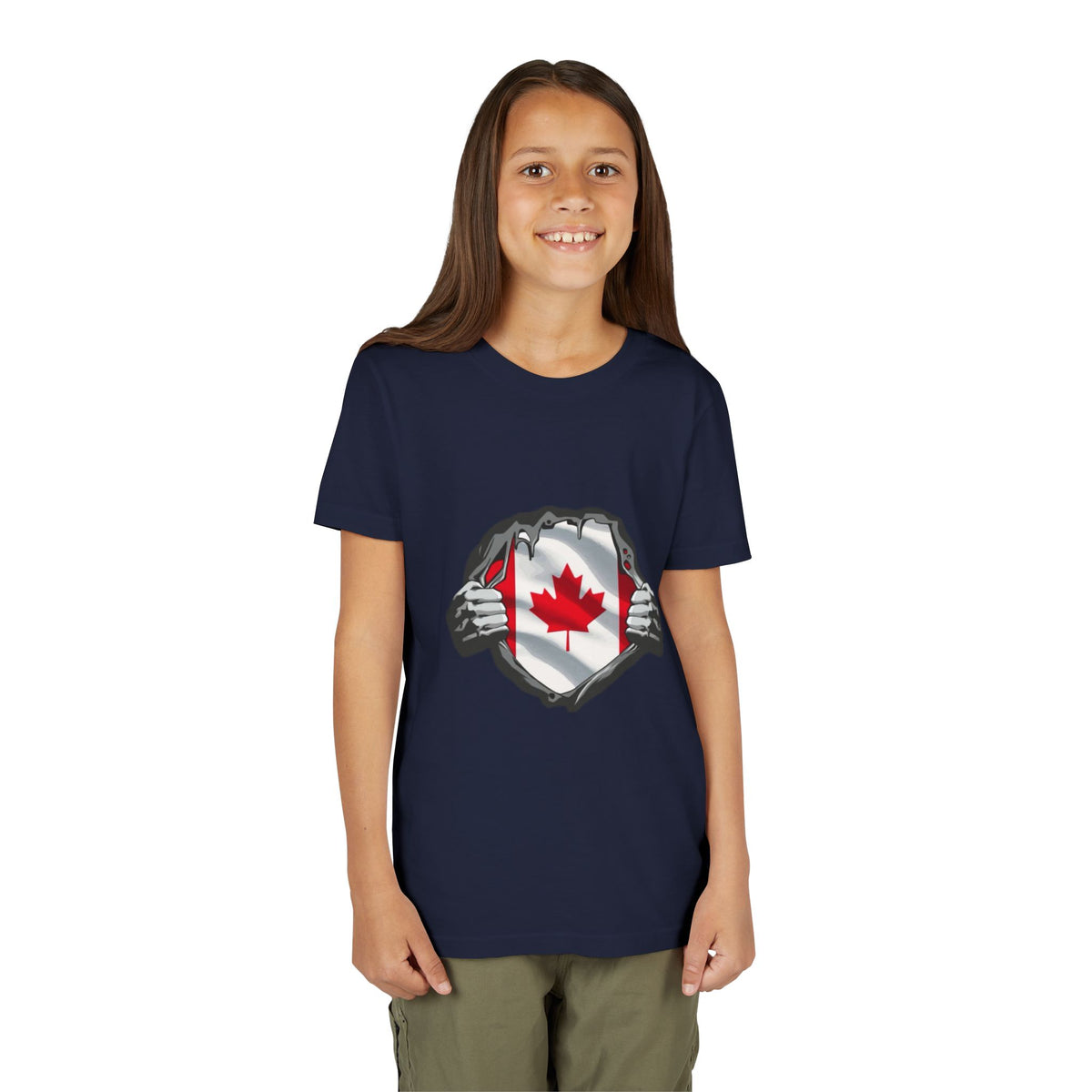 Youth Tee — Ripped Chest Canadian Flag Graphic (Canada Pride)