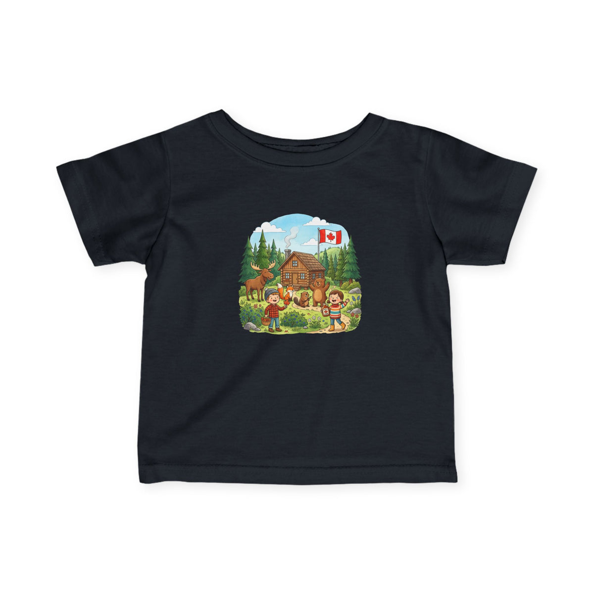 Infant Tee — Cozy Canadian Cabin Scene with Maple Flag