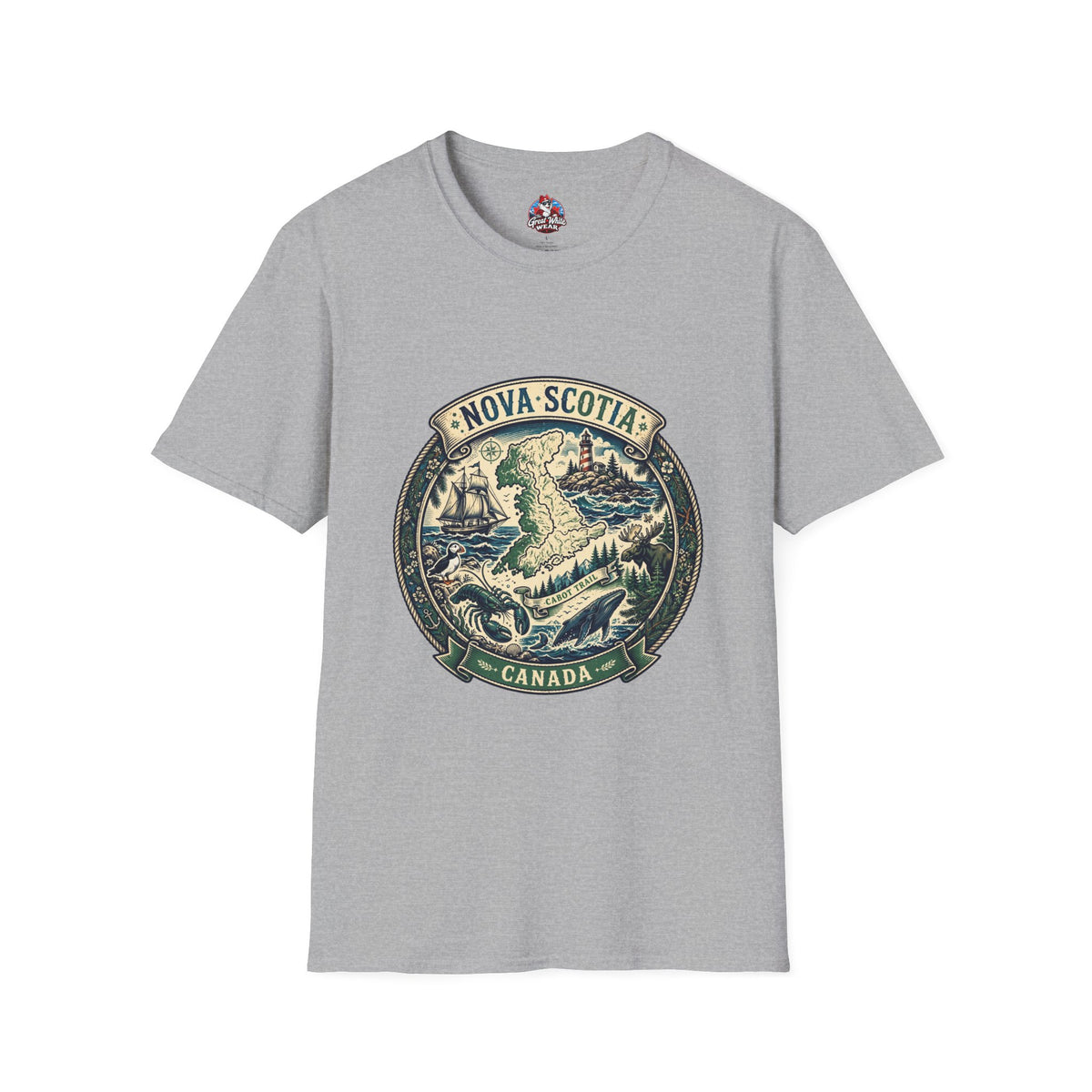 Nova Scotia Canada Vintage Map T-Shirt — Coastal Lighthouse and Whale Graphic Tee