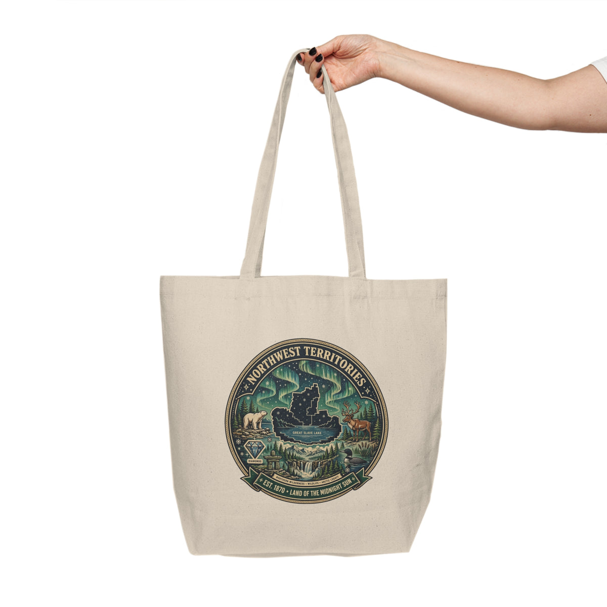 Northwest Territories Tote Bag — Northern Lights and Wildlife Canvas Shopping Tote