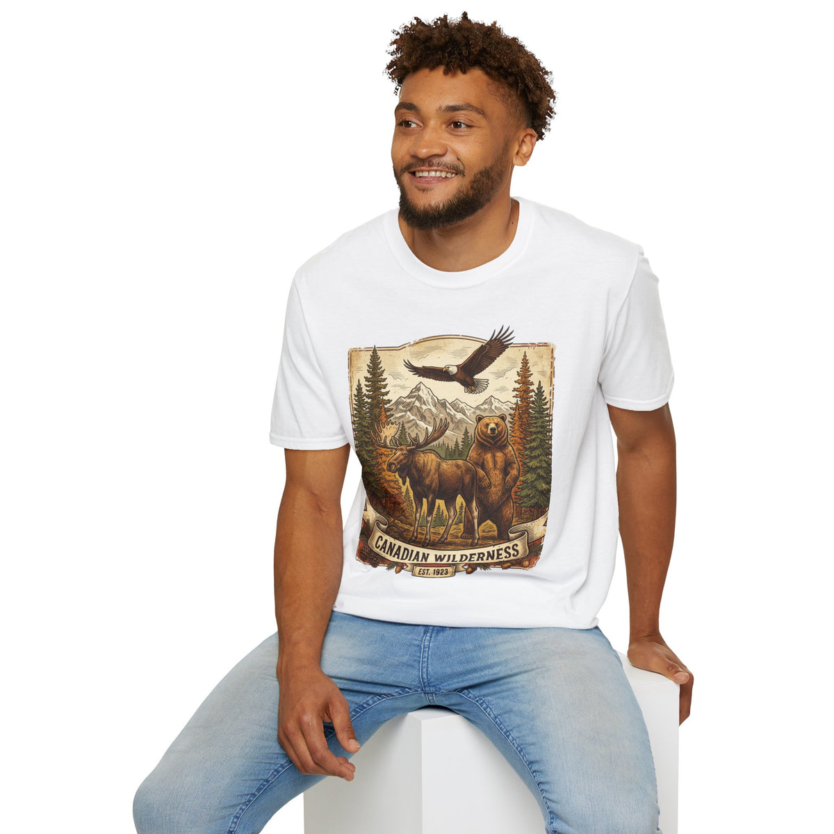 Mens T-Shirt — Canadian Wilderness Vintage Nature Graphic (Bear, Moose & Eagle)