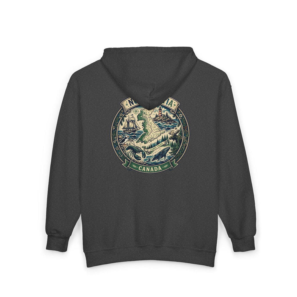 Nova Scotia Canada Vintage Map Hoodie — Coastal Lighthouse and Whale Graphic Hoodie