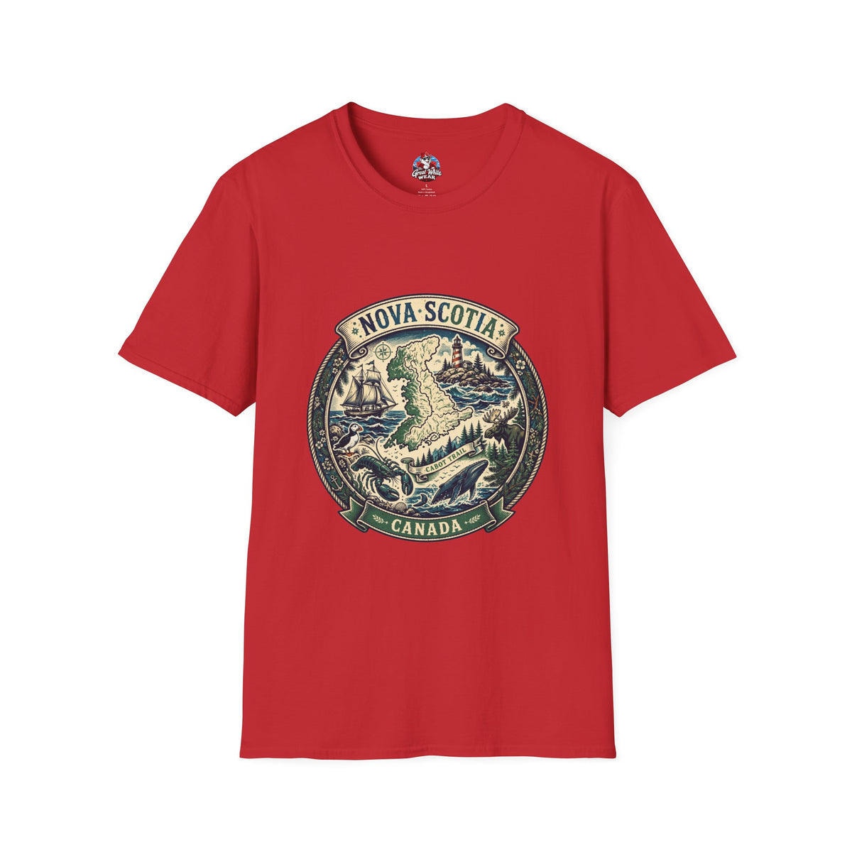 Nova Scotia Canada Vintage Map T-Shirt — Coastal Lighthouse and Whale Graphic Tee