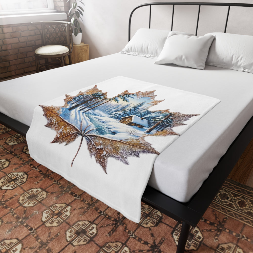 Winter Cabin Maple Leaf Plush Fleece Blanket