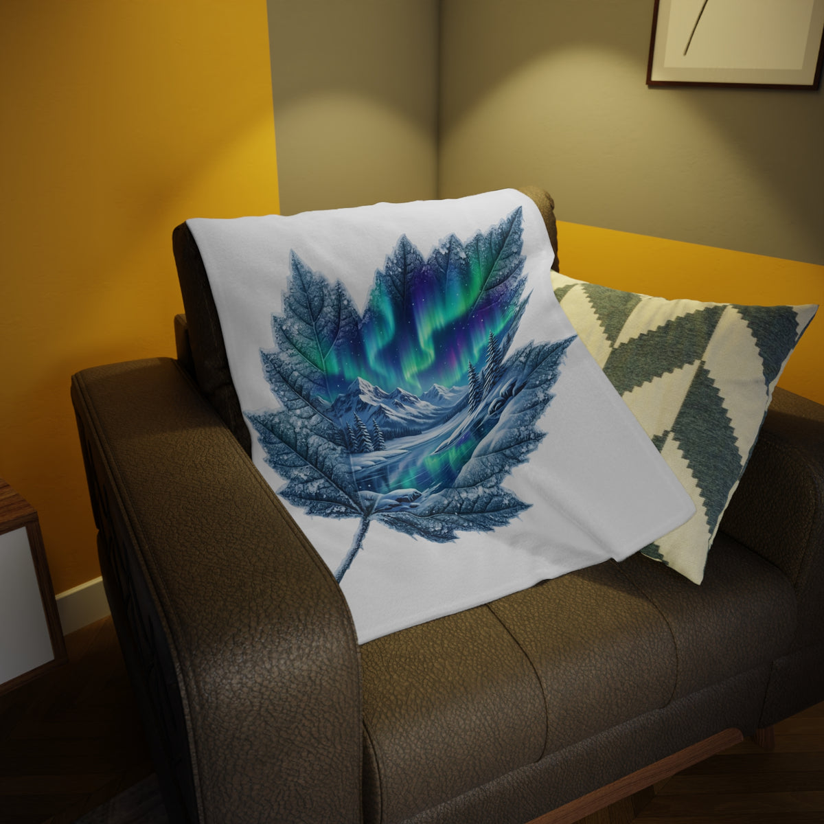Aurora Maple Leaf Plush Fleece Blanket — Northern Lights Winter Landscape