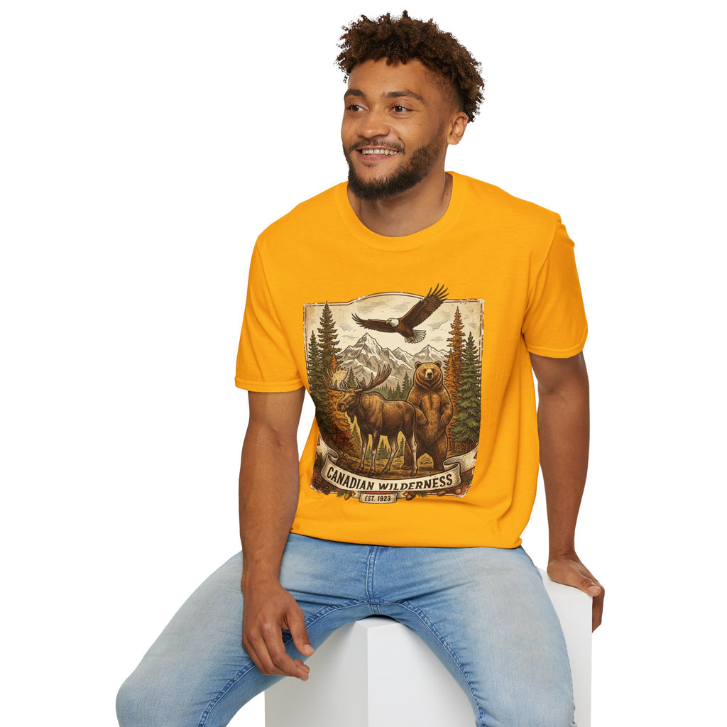 Mens T-Shirt — Canadian Wilderness Vintage Nature Graphic (Bear, Moose & Eagle)