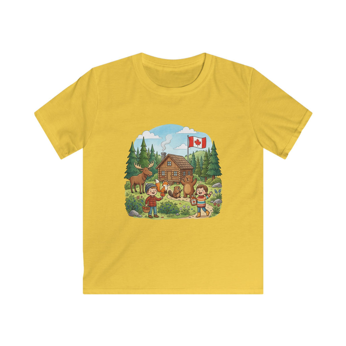 Kids Canada Cabin Adventure T‑Shirt — Cute Moose & Maple Flag Camp Tee