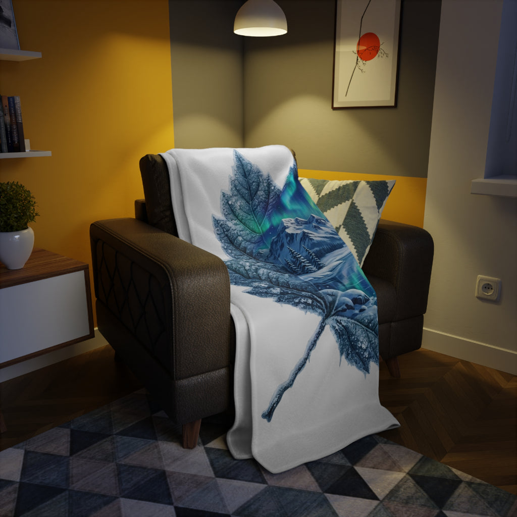 Aurora Maple Leaf Plush Fleece Blanket — Northern Lights Winter Landscape