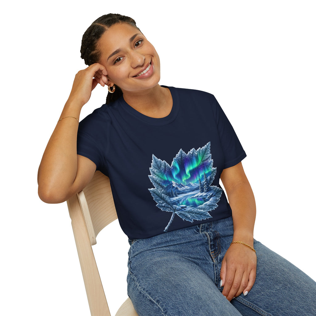 Womens Aurora Maple Leaf Tee — Northern Lights Nature T-Shirt
