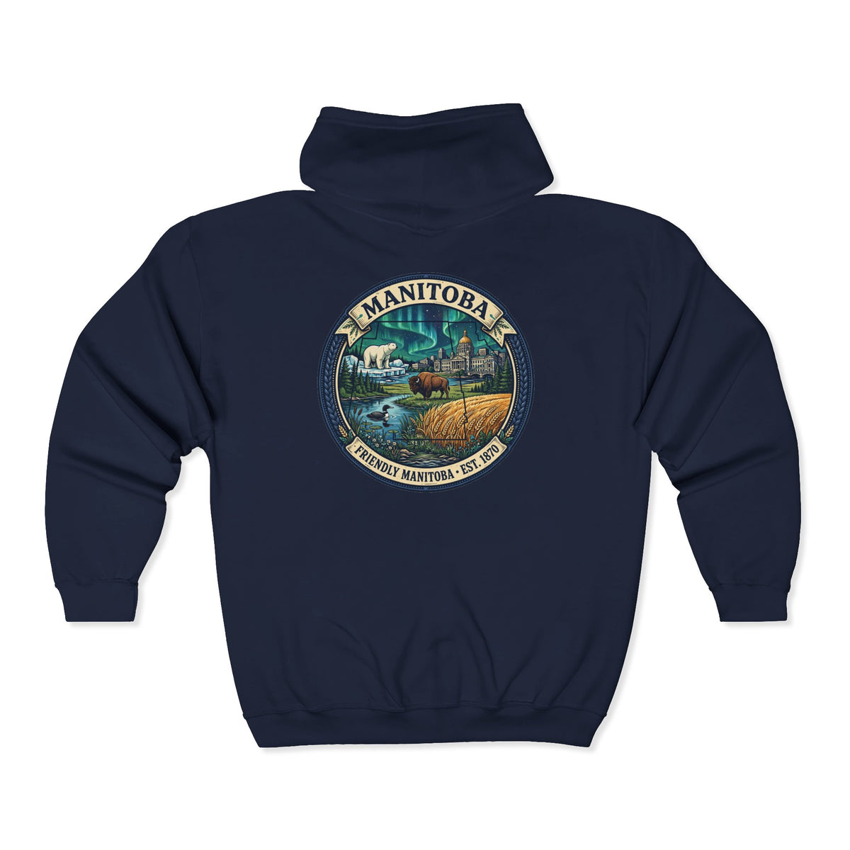 Manitoba Nature Badge Hoodie — Northern Lights, Moose and Prairie