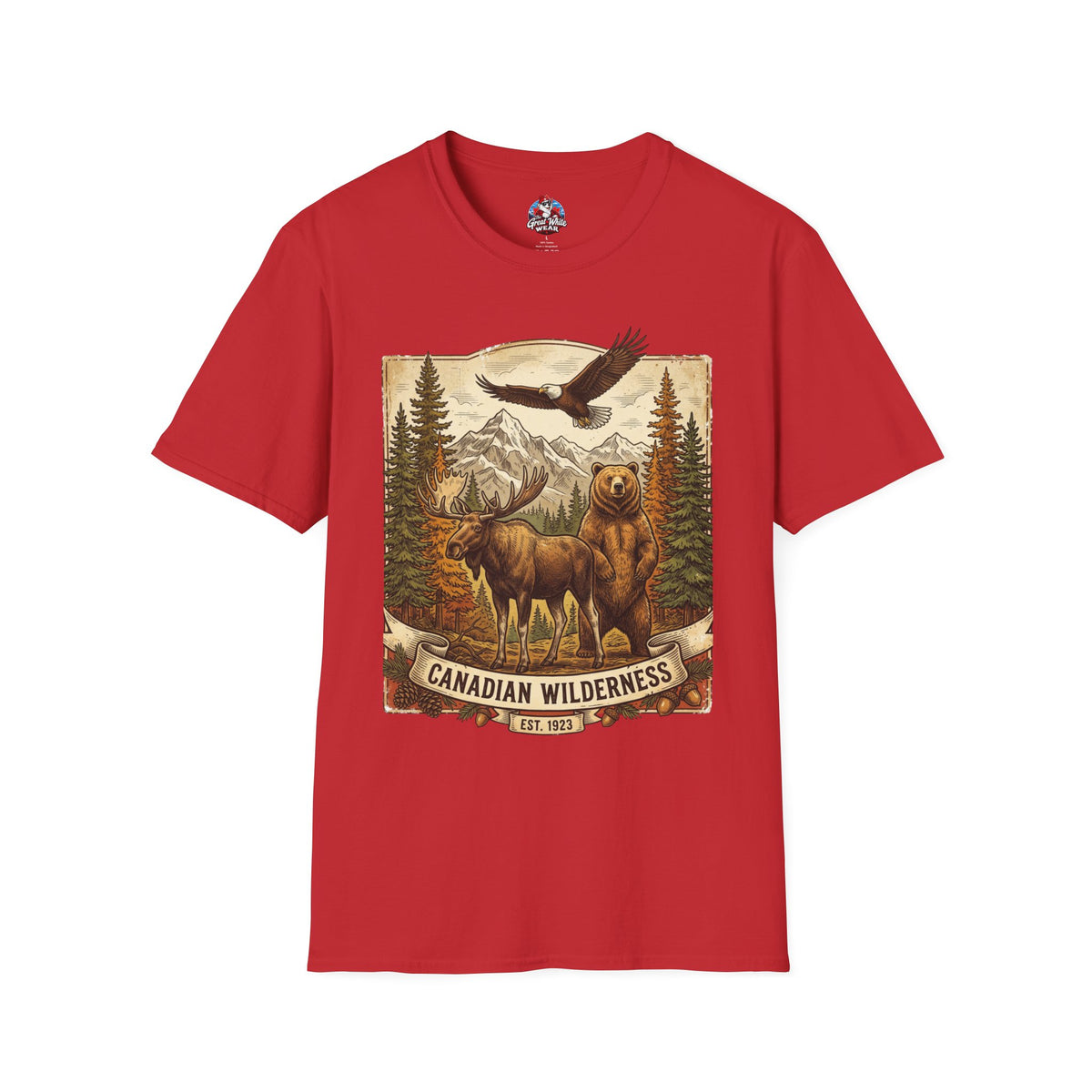 Mens T-Shirt — Canadian Wilderness Vintage Nature Graphic (Bear, Moose & Eagle)